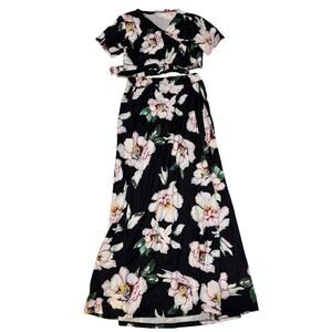 MESLIMA 2 Piece V Neck Crop Top Boho Floral Print Maxi Dress Women's Size Med